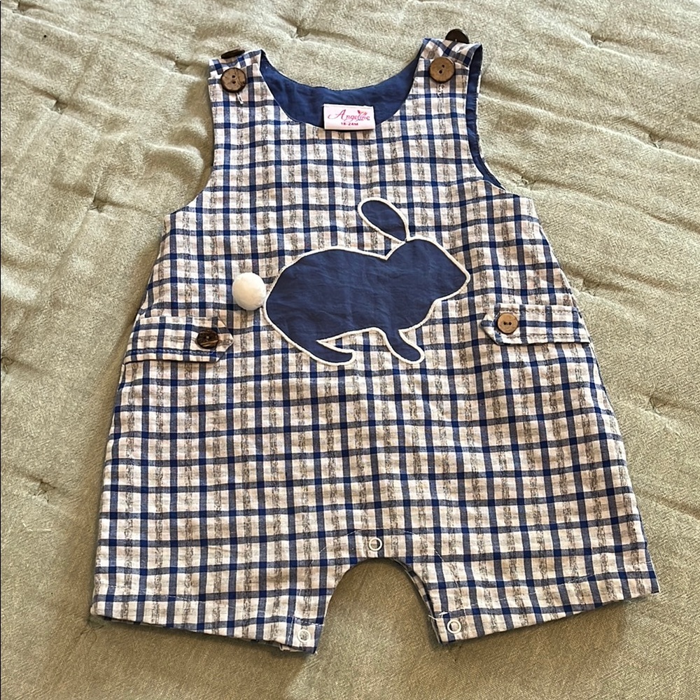 24M Blue Plaid Romper with Bunny